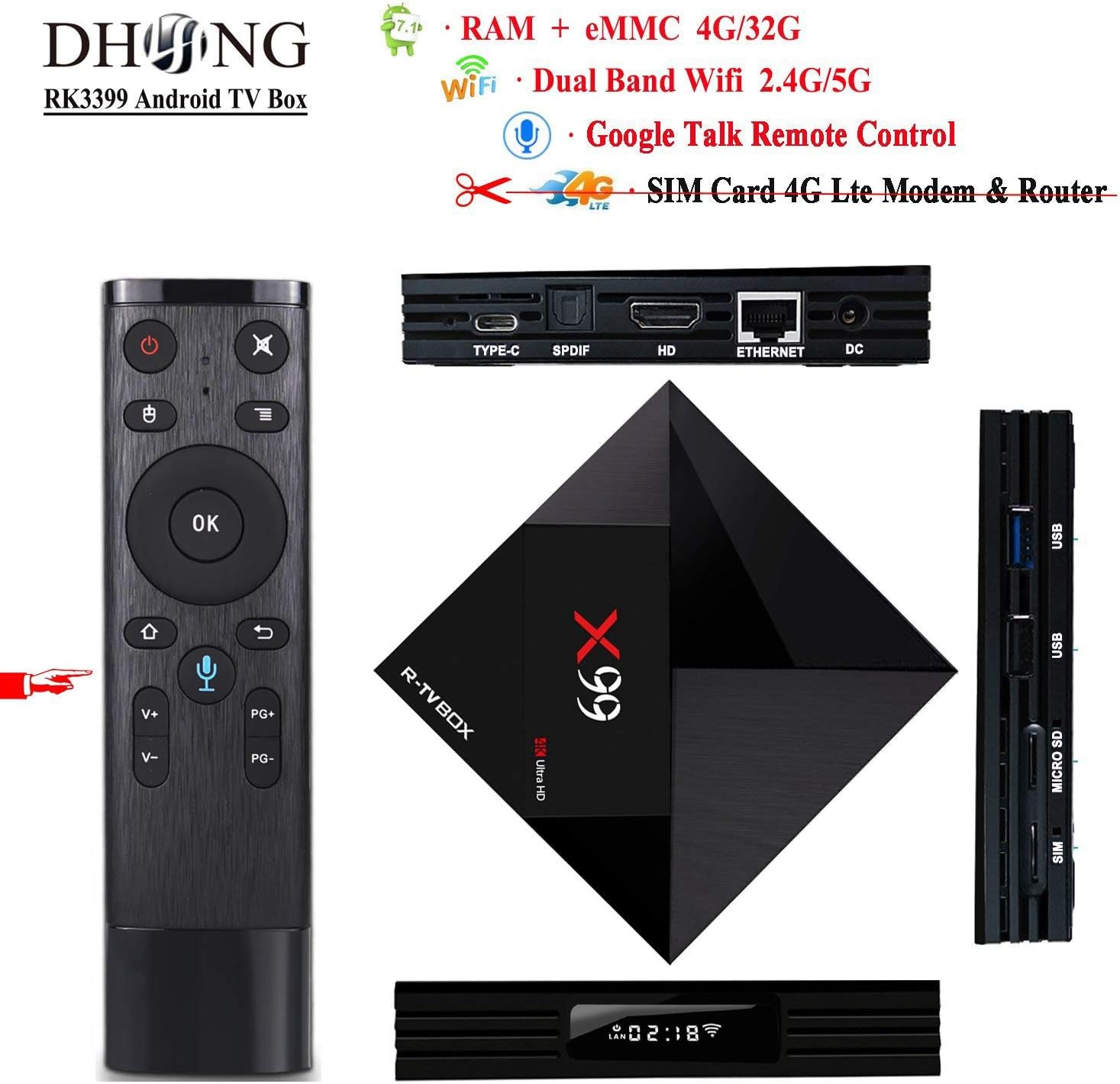 DHong X99 Android TV Box Google Voice Remote Control, 2018 Network Set-top Box Android 7.1 RK3399 6-Core 64-Bit Media Streaming Player, HDMI & TypeC Dual Display HDR 3D Devices 2.4G/5G WiFi [4G+64G]