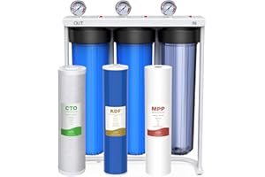 SimPure Whole House Water Filter System, 3 Stages Clear Home Water Pre-Filtration with Carbon Sediment and KDF Filters, Reduce Iron, Chlorine, Manganese, Lead...(DB20P-3KDF)