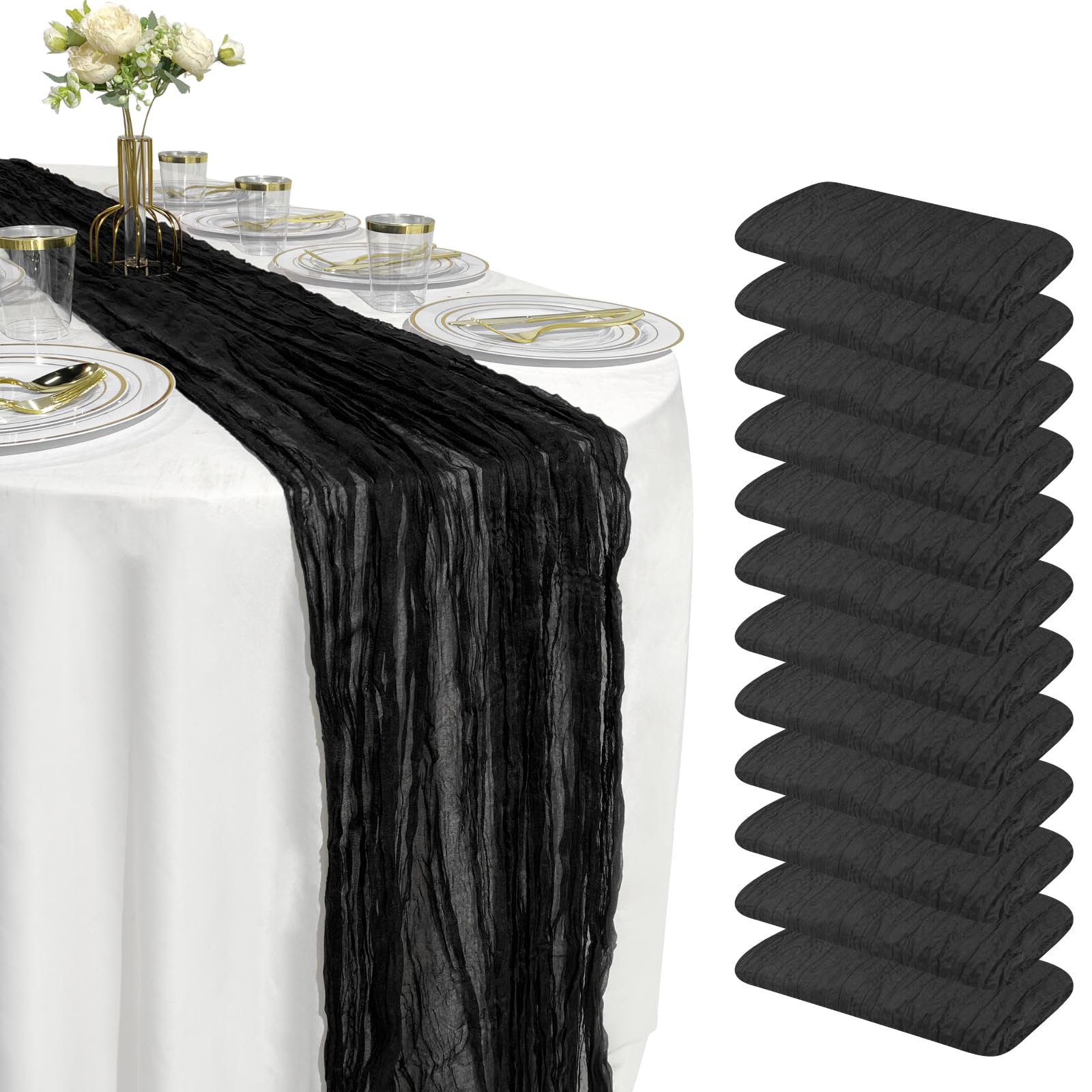Photo 1 of 12 Pack 10FT Cheesecloth Table Runner 120 Inch Rustic Boho Gauze Cheese Cloth Table Runner for Wedding Baby Shower Bridal Shower Birthday Party Home Decorations (Black, 10ft x 12pcs)