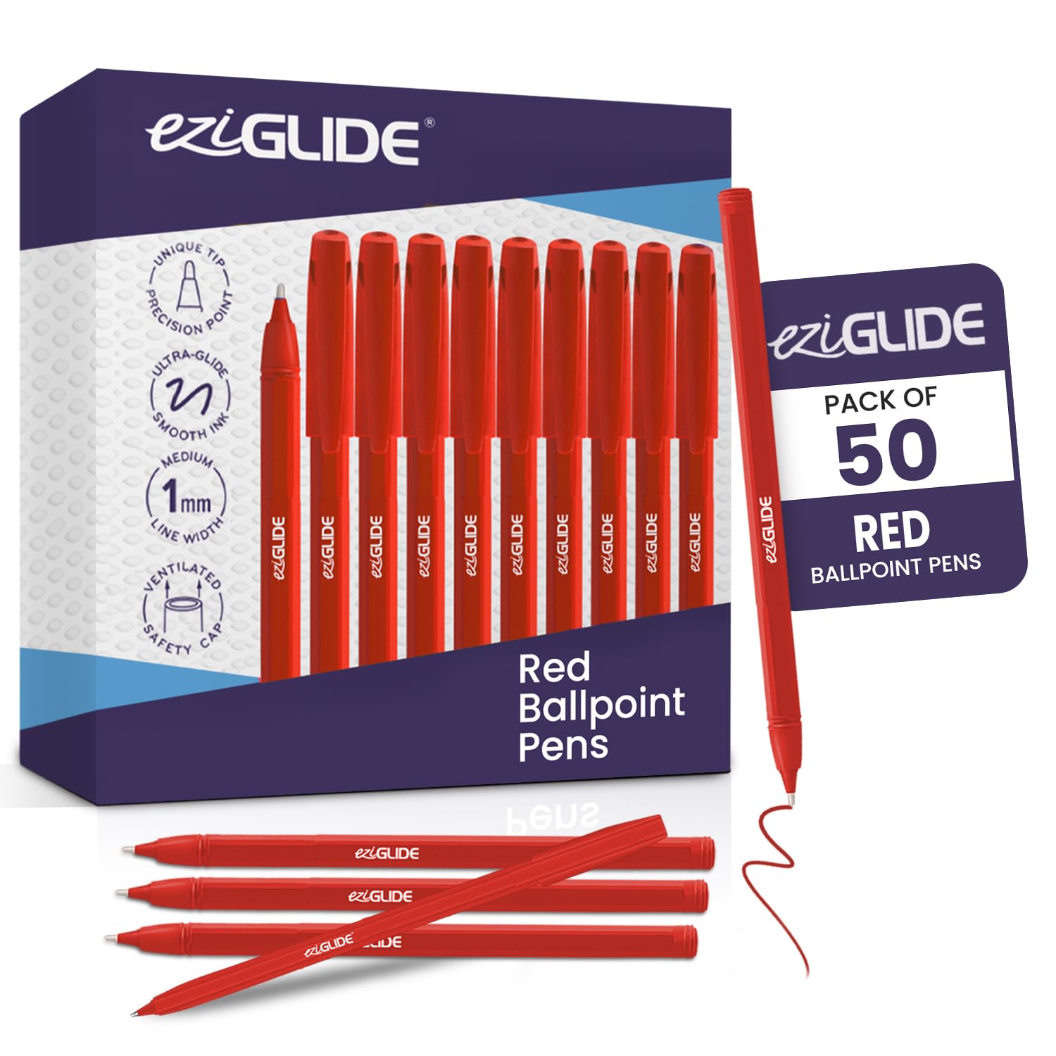 Eziglide 50-Pack Ballpoint Pen Set, Red – Fine Pens with Medium Point Nib (1.0mm) for Precise Writing & Ergonomic Grip – Quick-Dry Ink, Ideal for Adults, Home, Office, Work & Study Use — image 1