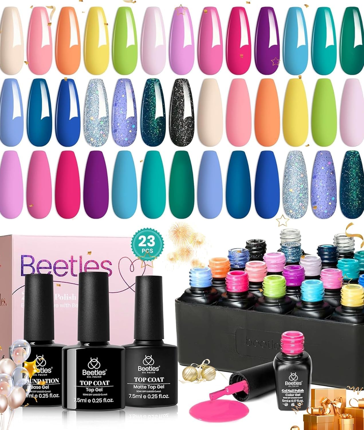 Beetles Gel Nail Polishes- 20 Pcs Polish Set, Fantasyland Kit with Glossy Matte Top Coat Base Coat, Soak Off Pink Blue Red Green DIY Beauty Gifts