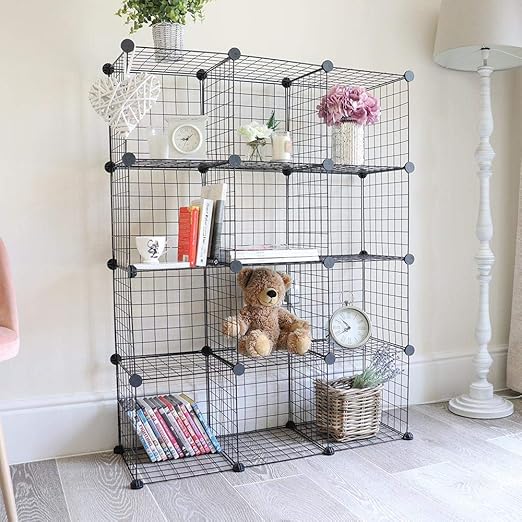 Wido Set of 12 Black Wire Interlocking Storage Cubes Rack Metal Mesh