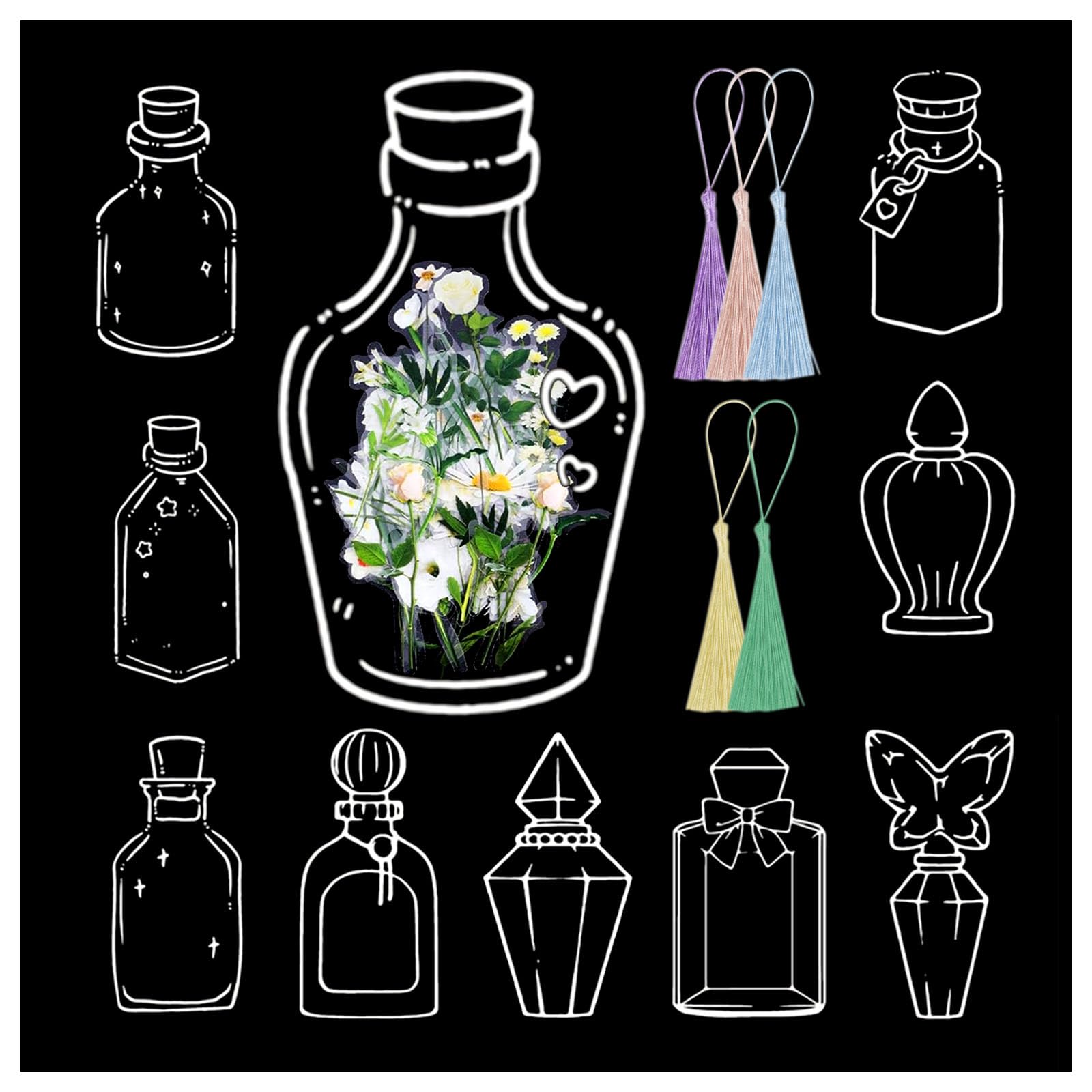 SSKHE 40Pcs Transparent Dried Flower Bookmarks DIY Craft Transparent Wishing Bottle Natural Pressed Flower Bookmarks Handmade Beautiful Floral Pages with Fringe