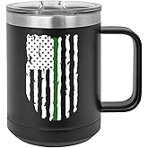 Rogue River Tactical Thin Green Line Flag Heavy Duty Stainless Steel Black Coffee Mug 15oz Tumbler With Lid Novelty Cup Military Veteran Federal Law Enforcement Border Patrol Game Warden Park Ranger