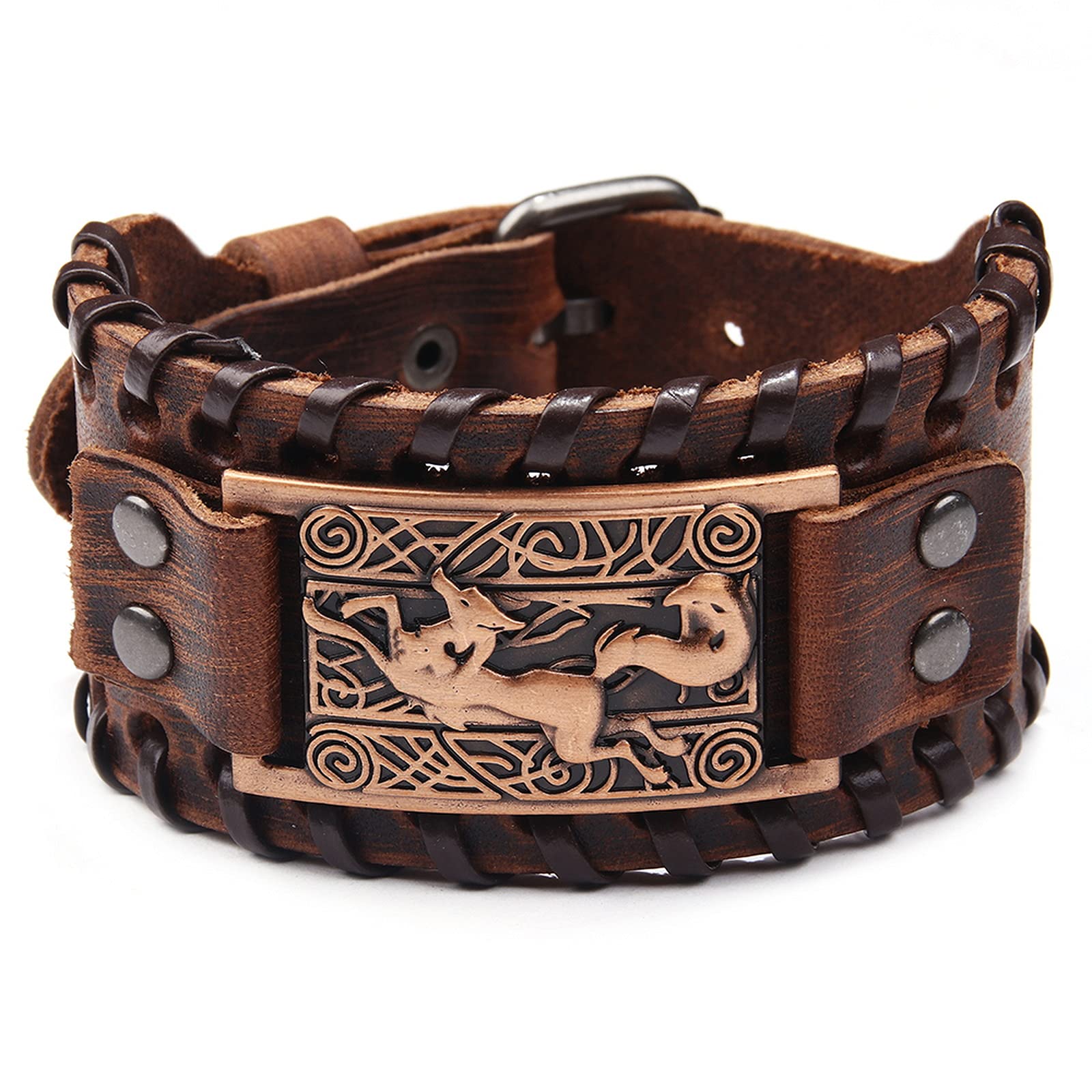 Thajaling Brown Leather Bracelet Viking Fox Celtic Knot Irish Cuff Wide Leather Bracelets Punk Style Wristband Bangle Bracelets