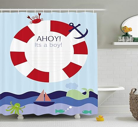 Amazon Ghknjjkg Ahoy Its A Boy シャワーカーテン かわいい海賊 子供の宝箱 海の背景 イラスト バスルーム装飾セット フック付き 60 X 72インチ マルチカラー シャワーカーテン ホーム キッチン オンライン通販