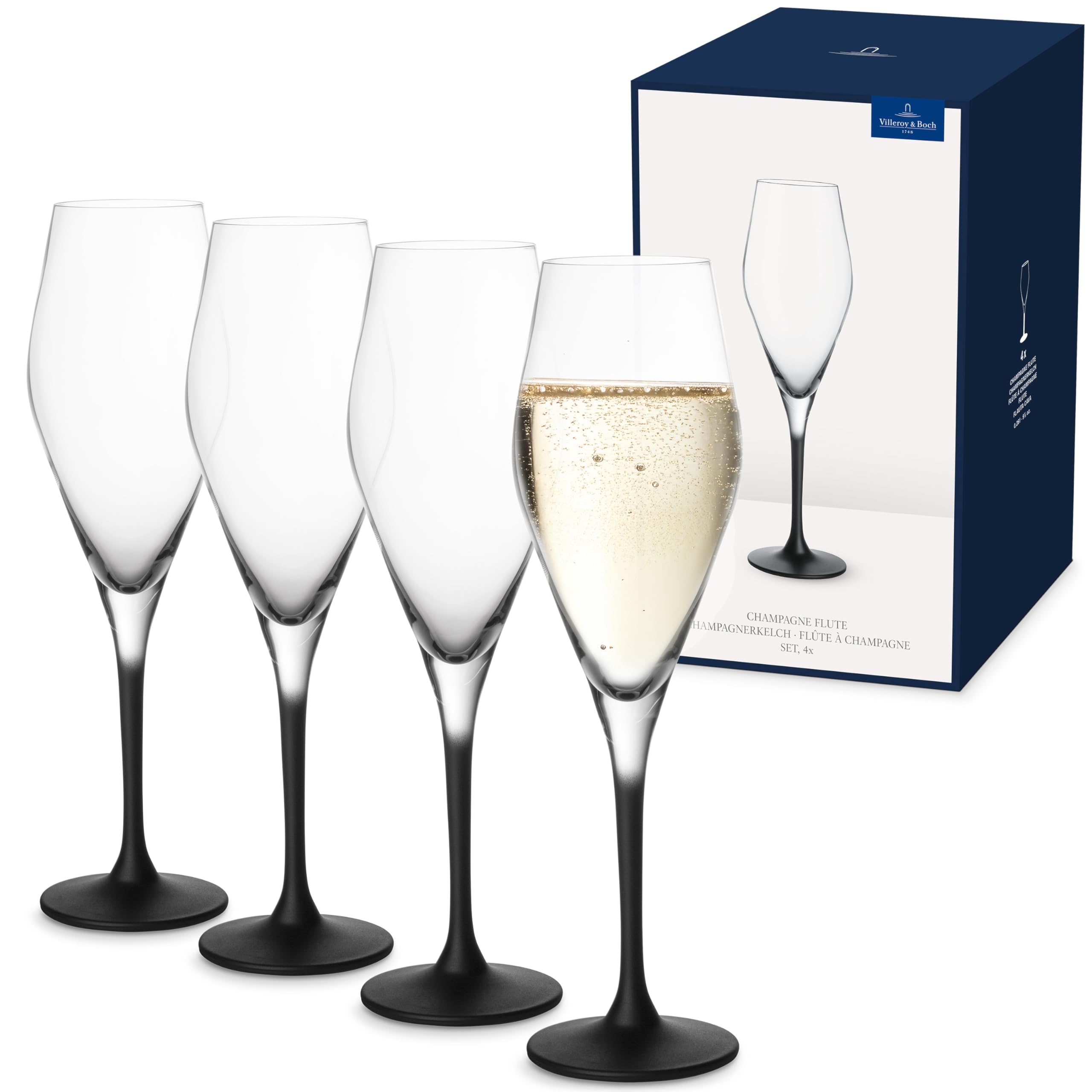 Villeroy & Boch - Manufacture Rock Champagne Glass Set 4 Pieces 260 ml Black, Dishwasher Safe, Black Prosecco Glasses, Flute Glass, Crystal Glass
