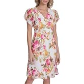 Calvin Klein Women's Puff Sleeve V Neck Chiffon A-line Short Dress