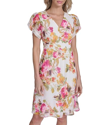 Calvin Klein Women's Chiffon Floral Embroidered Trapeze Dress, White/Multi, 8 Petite at Amazon Women's Clothing store