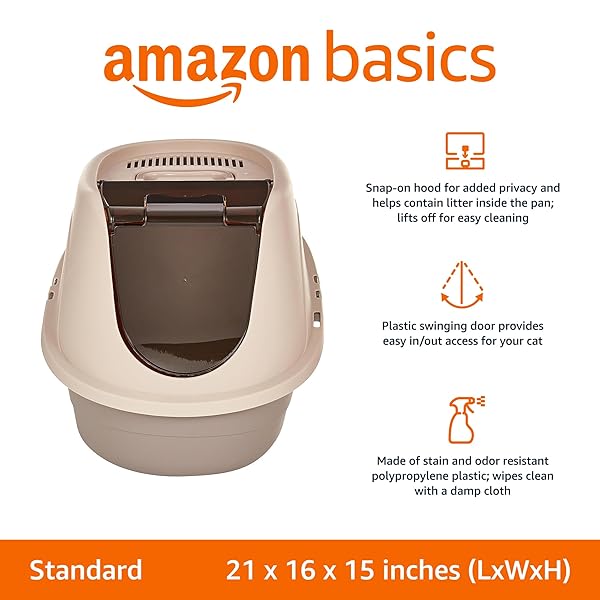 AMAZON BASICS NO-MESS HOODED ENCLOSED CAT LITTER BOX WITH ODOR CONTROL AND SWINGING DOOR, STANDARD, 21″ X 16″ X 15″, MULTICOLOR