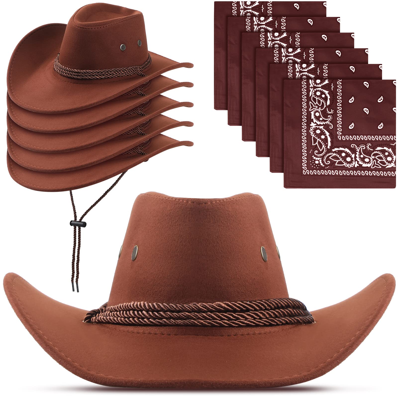 Photo 1 of ***ONLY 6**** Zhanmai 6 Pcs Cowboy Hat and Bandana Cowboy Cowgirl Hats Bulk Western Party Costume Halloween Accessory(Coffee Color)