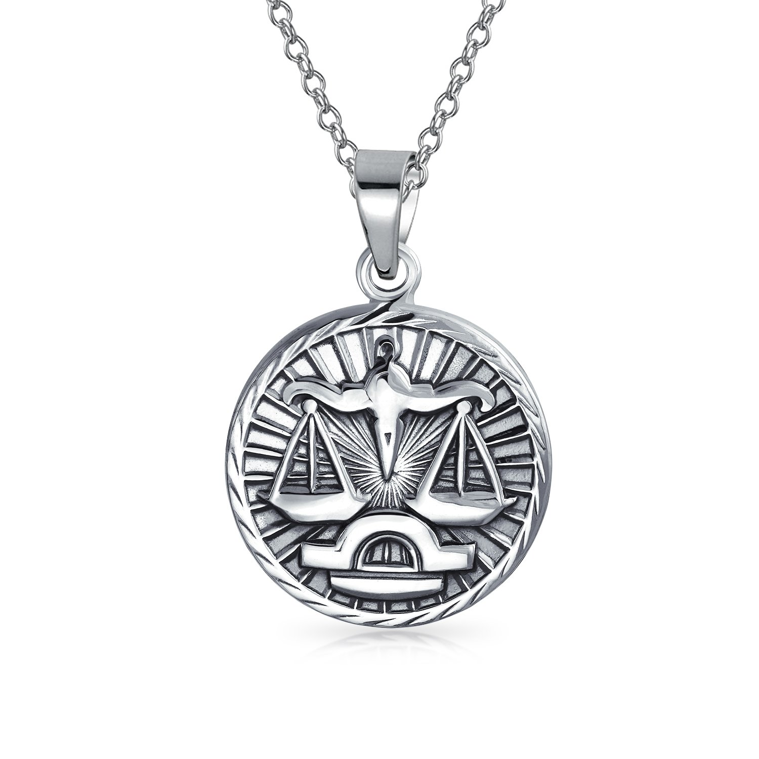Bling Jewelry Libra Zodiac Sign Astrology Horoscope Round Medallion Pendant For Men Women Necklace Antiqued Sterling Silver