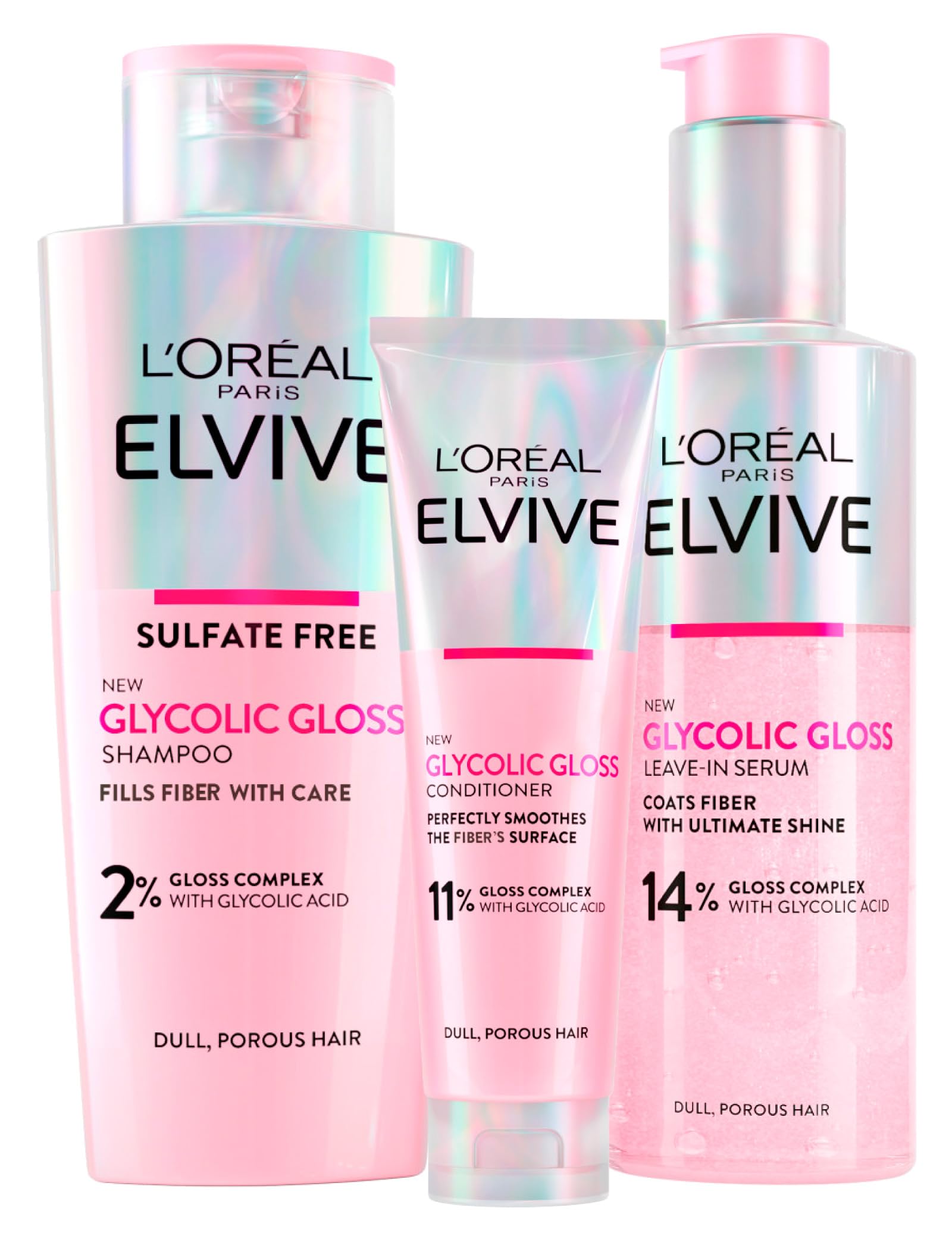 L'Oréal Paris Elvive Glycolic Gloss Conditioner 150ml + Shampoo 200ml + Leave-In Serum 150ml Set for Dull and Porous Hair Intense and Long-Lasting Shine - 3 Bottles