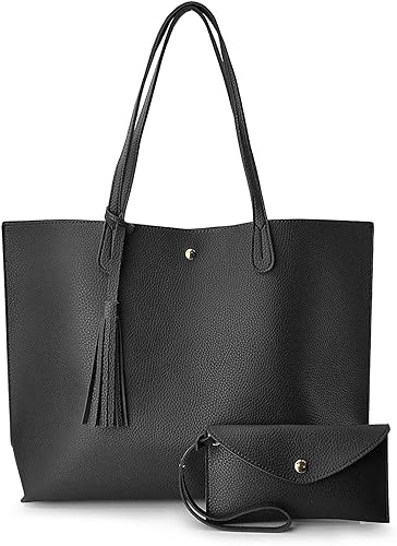 Womens Soft Leather Tote Shoulder Bag from Wynn, Big Capacity Tassel Handbag with pouch