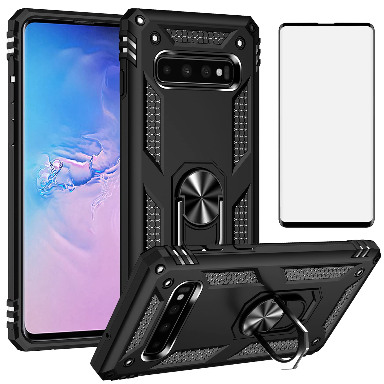 Phone Case for Samsung Galaxy S10 Plus with Tempered Glass Screen Protector Magnetic Stand Ring Holder Accessories Heavy Duty Rugged Protective Shockproof Hard S10+ 10S Edge S10plus Women Men Black