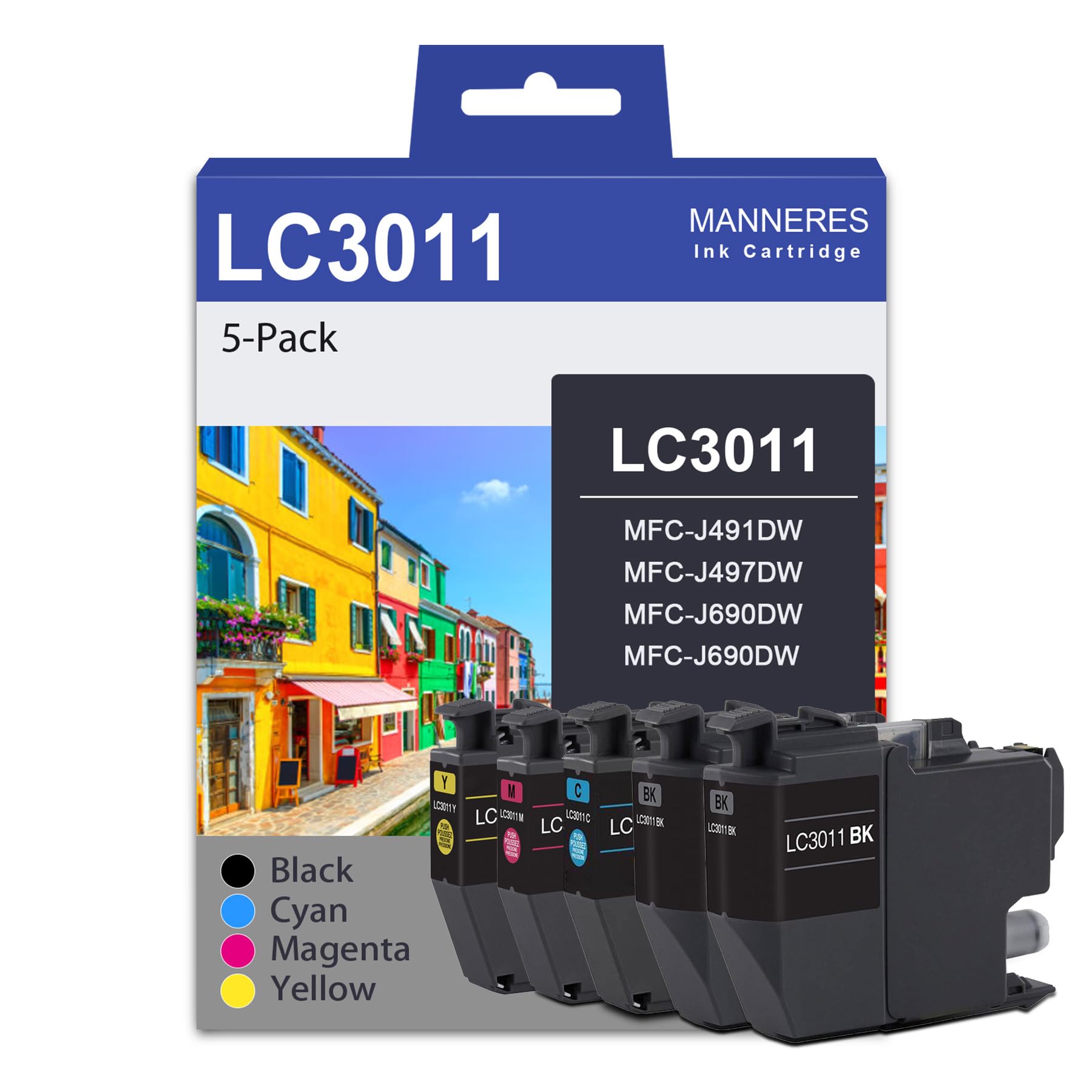 Photo 1 of LC3011 Ink Cartridges (2BK/1C/1M/1Y, 5-Pack) Replacement for Brother LC3011 LC3011BK LC3011C LC3011M LC3011Y Ink Cartridges Work with MFC-J497DW MFC-J491DW MFC-J895DW MFC-J690DW Printer