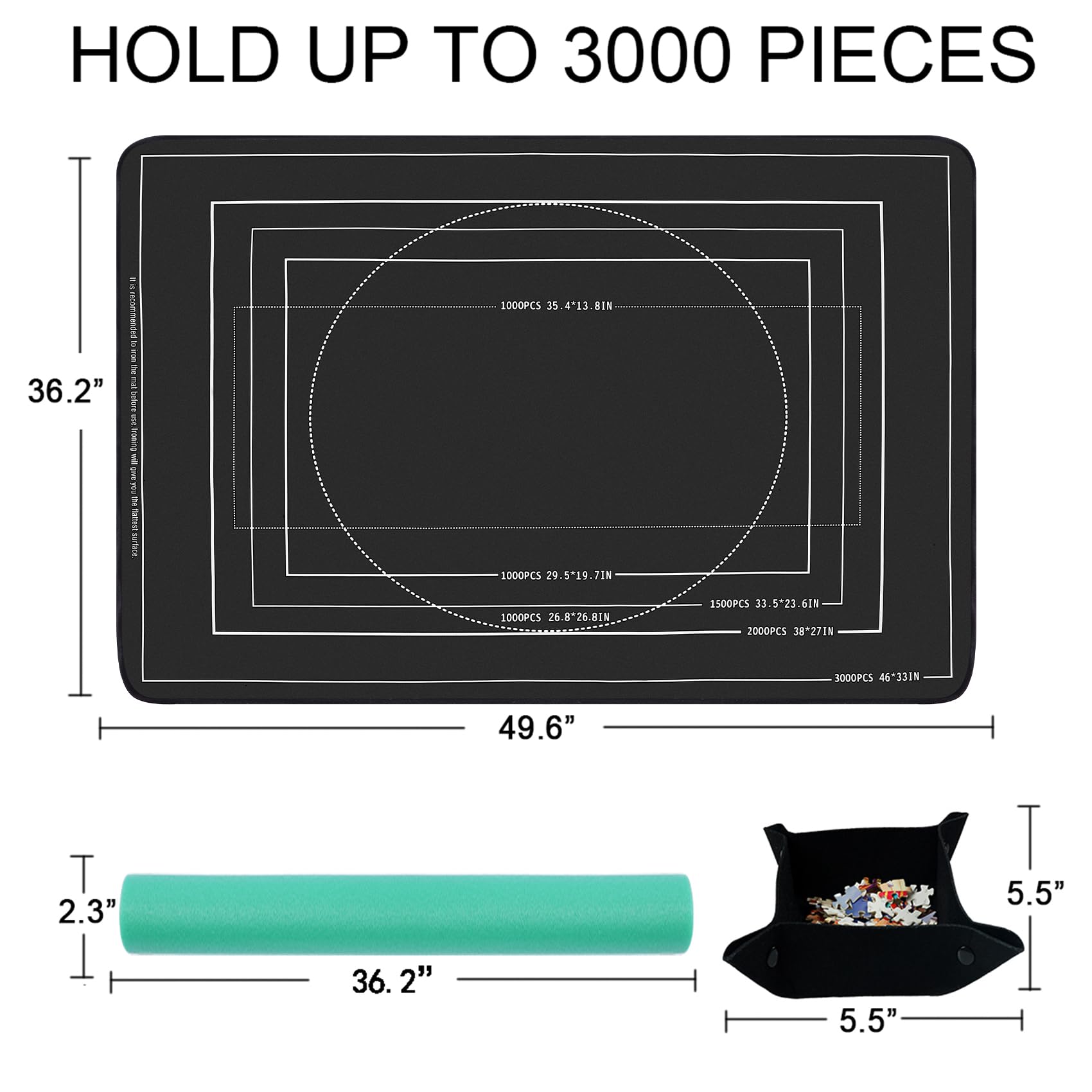 Jigsaw Puzzle Mat Roll Up, Portable Saver Pad 53.2” x 35” Up to 3000 Pieces, Puzzle Matt Rollup with Non-Slip Rubber Bottom & Smooth Top. (6 Sorting Trays & 1 Storage Bag)