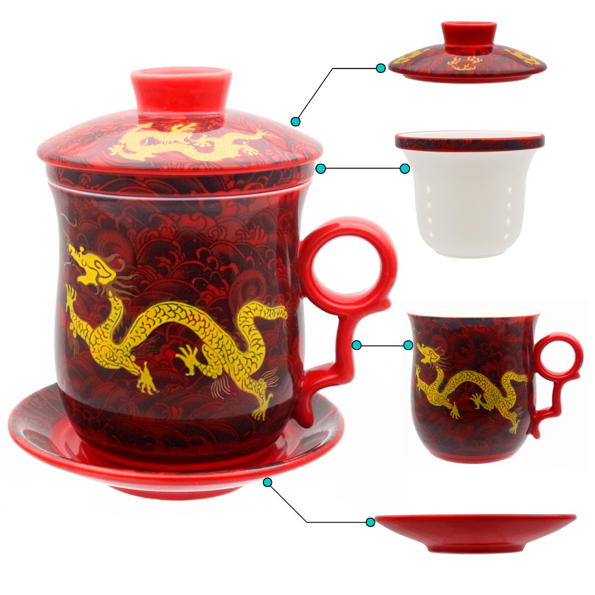 HOLLIHI Porcelain Tea Cup with Lid and Saucer Infuser Sets - Chinese Jingdezhen Ceramics Coffee Mug Teacup Loose Leaf Tea Brewing System for Home Office