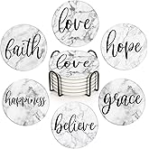 Britimes Coaster for Drinks Set of 6, White Marble Inspirational Love Absorbent Round Ceramic Stone Mat, with Cork Base and Metal Holder, Gift for Housewarming Room Bar Decor