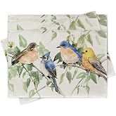 Uruney Spring Summer Birds Placemats Set of 4 | Bluebird Blue Jay Goldfinch Chickadee Dining Place Mats Table Decor, Seasonal Branches Leaves Home Kitchen Decoration