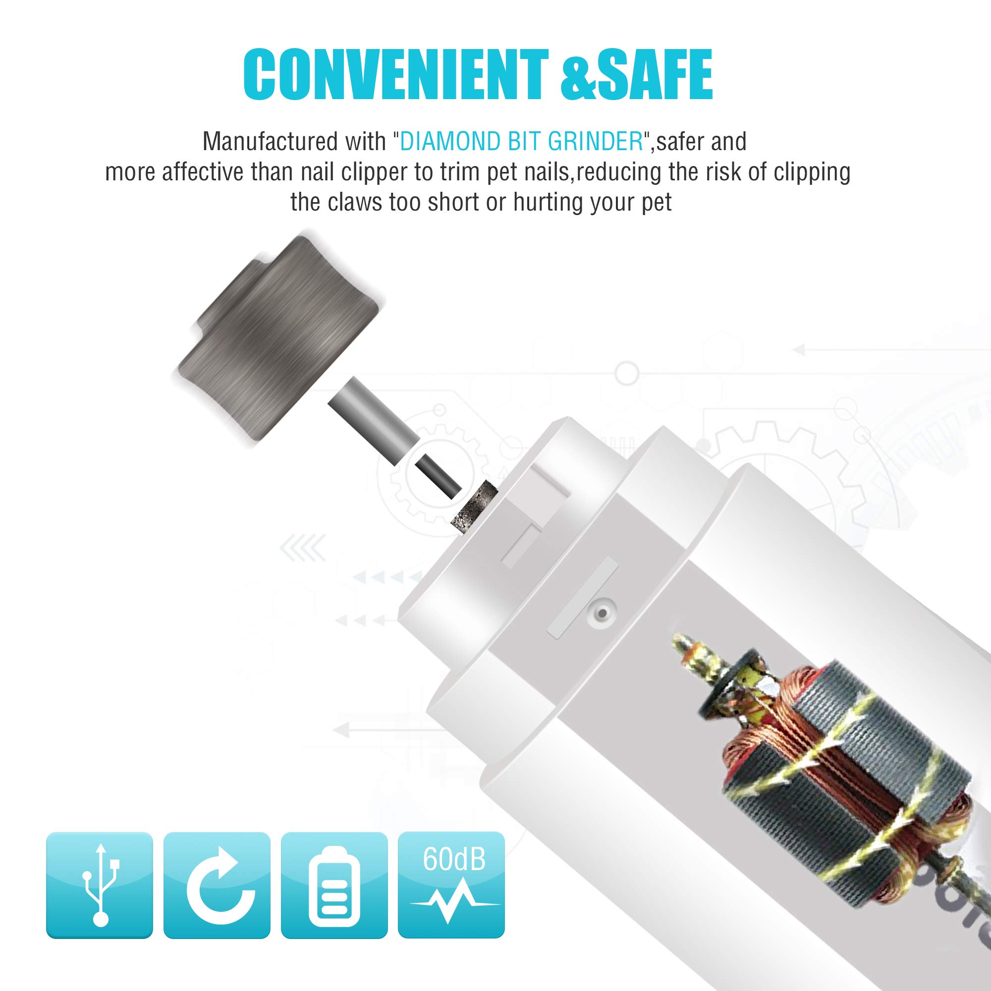 Lima de Uñas Recargable para Mascotas, Amoladora Eléctrica para Mascotas, 2 Velocidades, 3 Puertos, Bajo Ruido, Seguro, Resistente con Cable USB Recortador de Uñas para Perros, Gatos, etc.