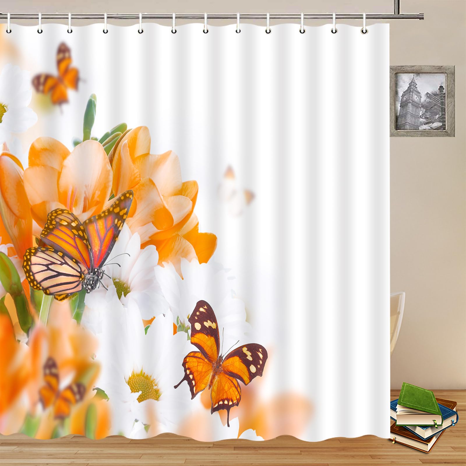 Photo 1 of Yadshoti Flowers Butterfly Shower Curtains White Orange Beautiful Creativity Bathroom Decor Polyester Fabric Bath Hanging Curtain Sets 70 x 70 Inch with Hooks