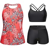 Tempt Me 3 Piece Swimsuit for Women Tankini Bathing Suit Modest High Neck Tank Tops Swimwear with Shorts