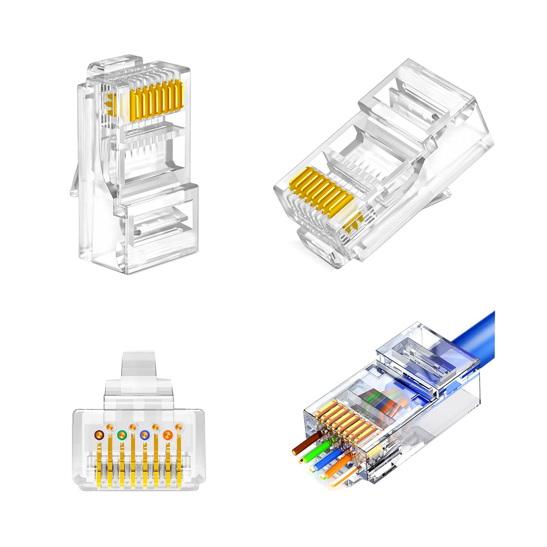 Eshan CAT6 Pass Through Connectors 50 Pack RJ45 End Plugs 8P8C 24AWG Ethernet Network Lan Flat Round Cable STP FTP Crimp Modular Gold Plated Connector CTA6a CTA5e CAT5