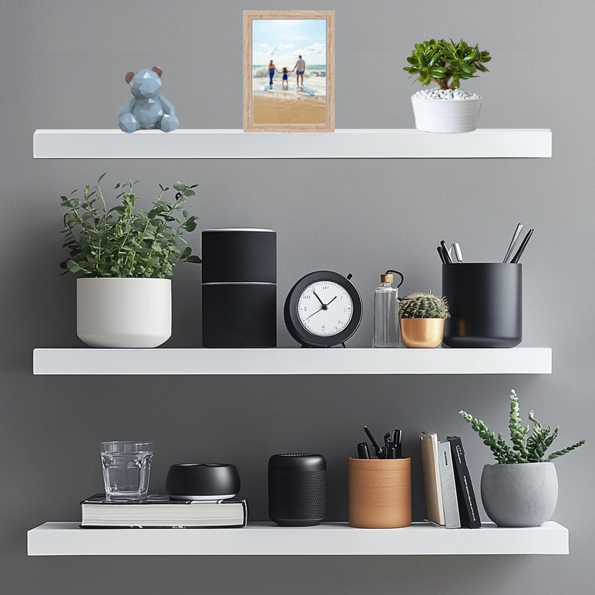 HAIY Floating Shelves 40cm Wall Mounted Shelf, Decorative Display Wall Shelves, Wooden Shelves Set of 3 for Bedroom, Living Room, Kitchen, Bathroom, Laundry Room, Office (White)