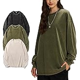 Wyeysyt 3 Pack Oversized Tshirts for Women Long Sleeve Cotton T-Shirts Vintage Acid Wash Baggy Unisex T Shirts