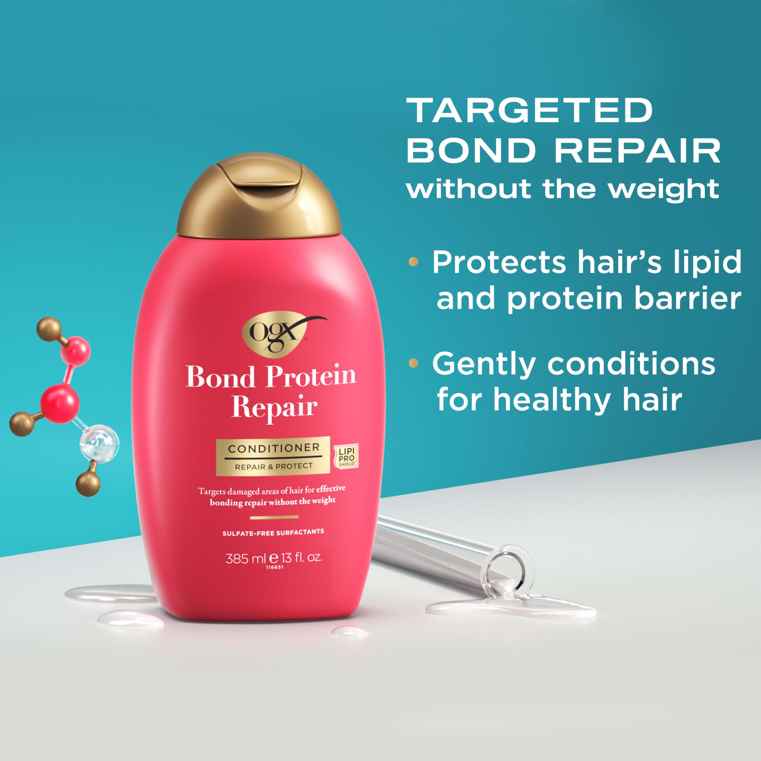 OGX Repair & Protect Bond Protein Repair Conditioner, Lightweight Conditioner Targets Damaged Areas of Hair, Formulated without Parabens, Sulfate-Free Surfactants, 13 fl. oz