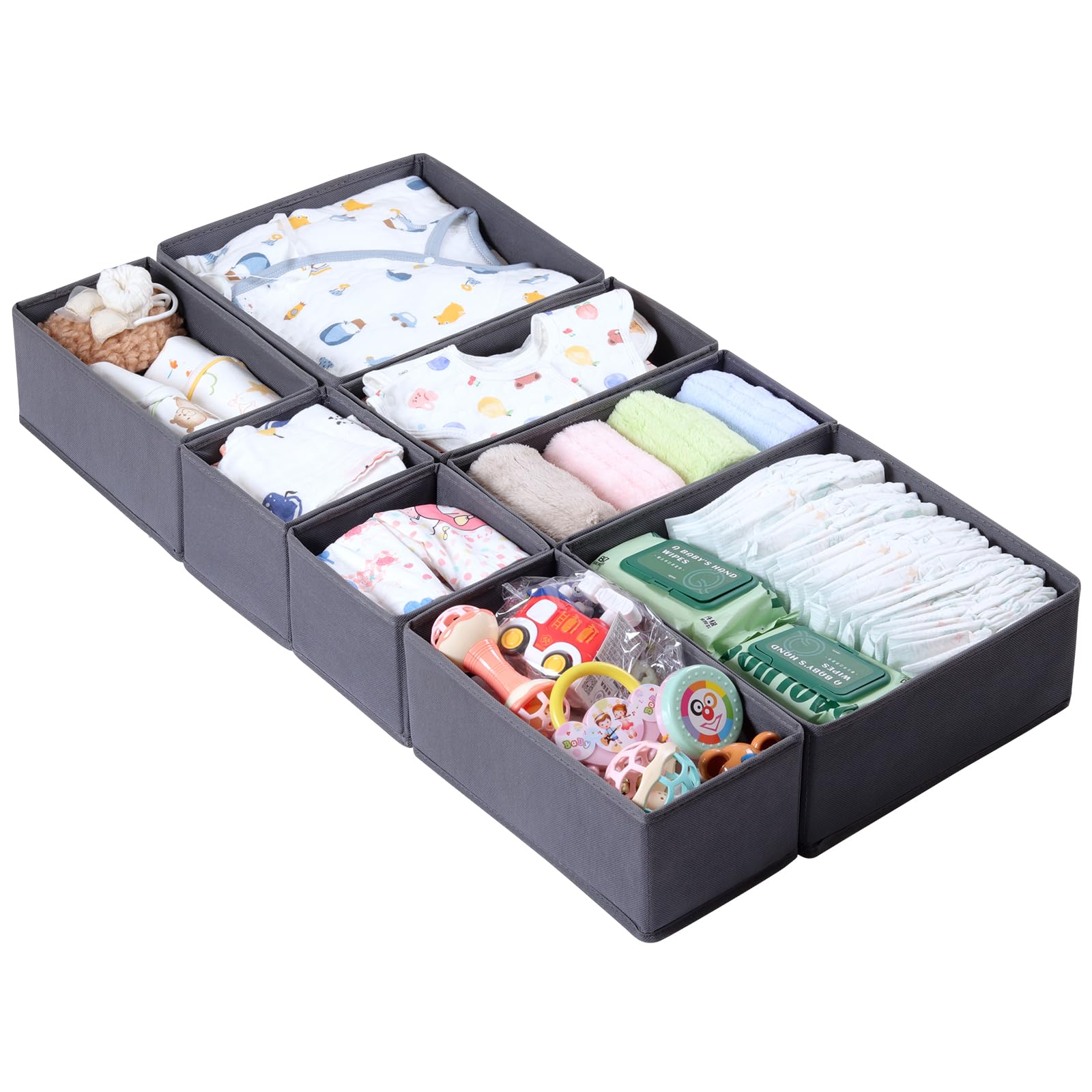 ORLISA Drawer Organisers, Foldable Drawer Dividers for Clothes, Set of 8 in 3 Sizes, Fabric Wardrobe Storage Organiser, Sort and Store Clothes, Bras,Ties, Scarves, Socks, Grey