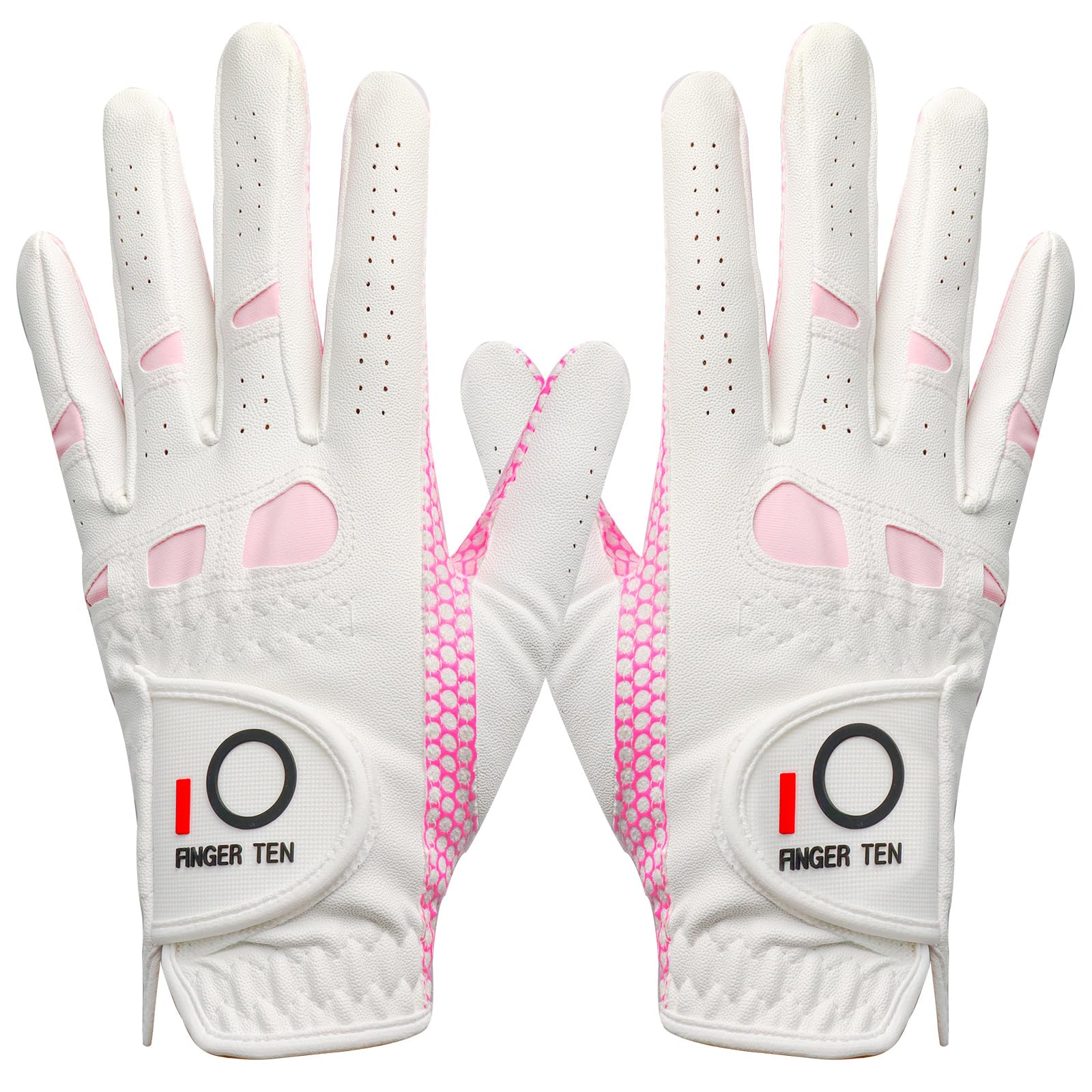 FINGER TEN Golf Gloves Ladies for Left and Right Hand with Non Slip Palm All Weather Soft in Pair,Women Golf Glove Rain Grip Weathersof Pro Color White Pink Size S M L XL (Small) — image 1