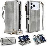 QIXIU for iPhone 17 Pro Max Wallet Phone Case with 8 Card Holder,RFID Blocking | PU Leather | Kickstand | Flip | Wrist Strap&Shoulder Strap | Shockproof | Zipper Wallet | Women Men | 6.9" | Silvery