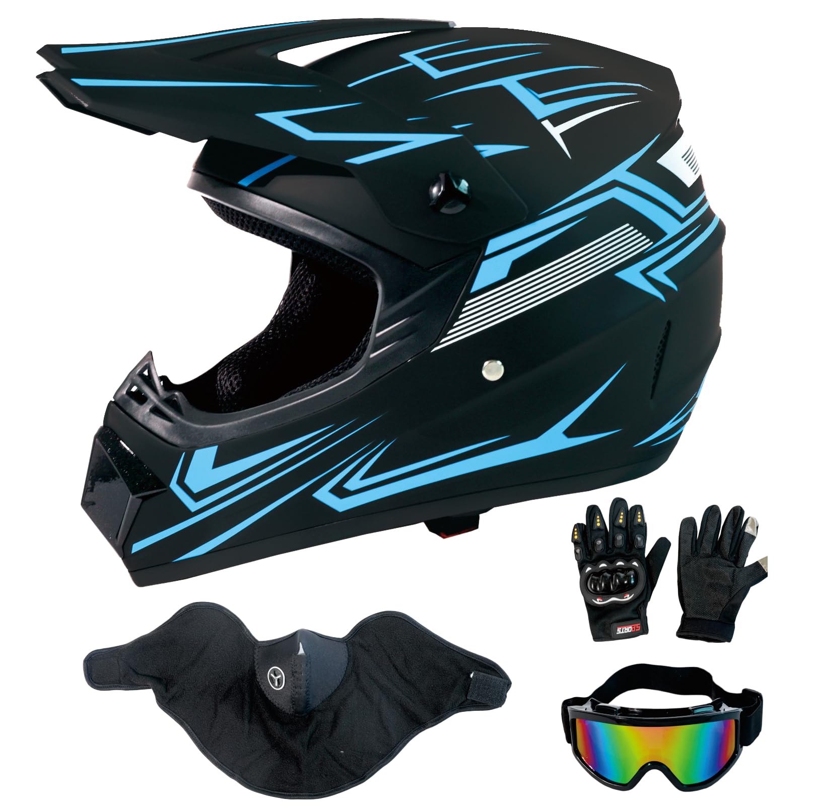 Photo 1 of **PARTIAL SET**LASFRE Motorcycle Helmet Motocross Dirtbike ATV Full Face Off-Road Mountain Bike Helmet DOT with Goggles Gloves Mask Blue Stripe L (58-59 cm)