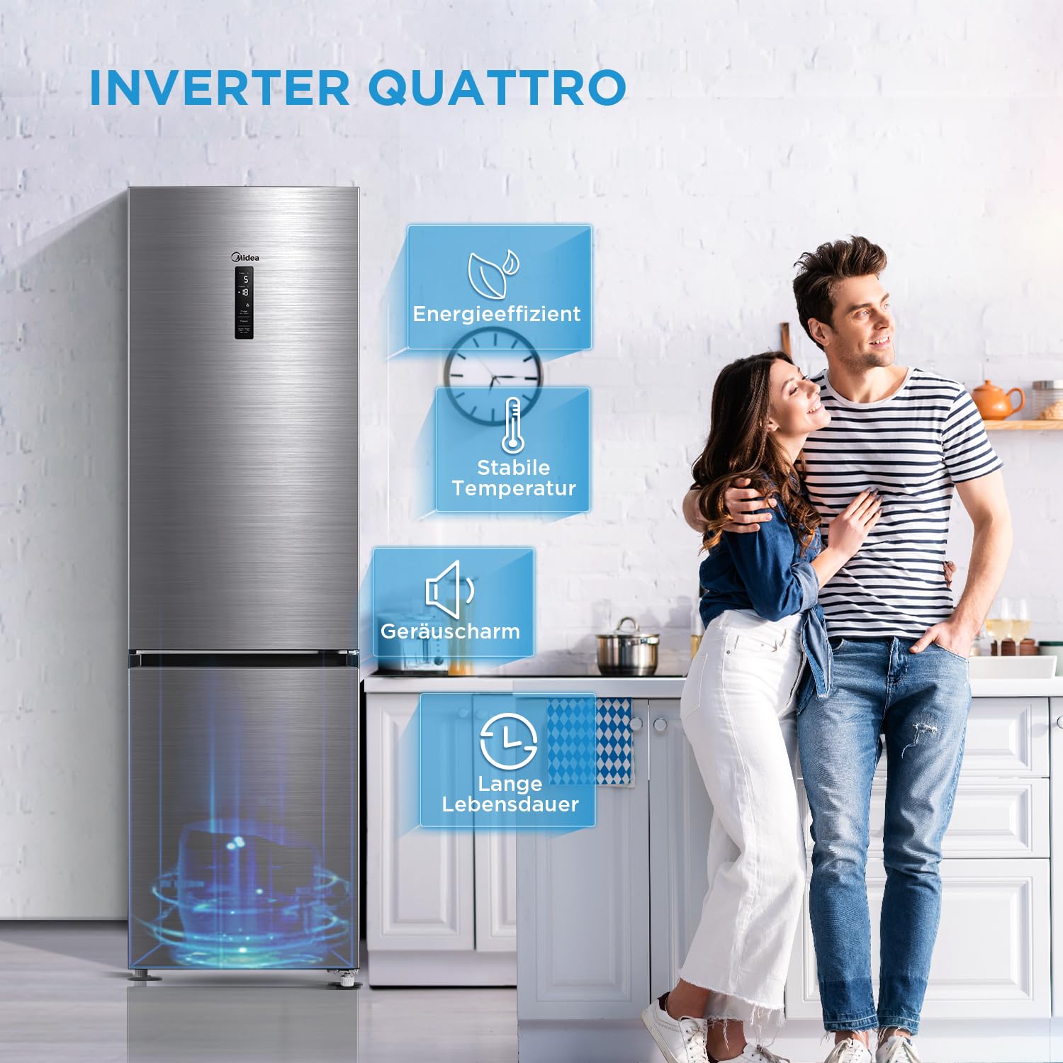 Midea MDRB521MIC46A Kühl-/Gefrierkombination/No Frost/WiFi-Steuerung/Inverter Kompressor/201 cm hoch / 59,5 cm breit /70 cm tiefe/177 kWh/Jahr/256 L Kühlteil/122 L Gefrierteil, Front Inox 2