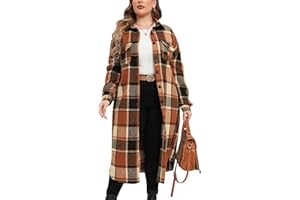 ZOMVA 2024 Women's 0X-5X Plus Size Long Flannel Plaid Shacket Jacket Oversized Button Down Coats Shirts with Pockets