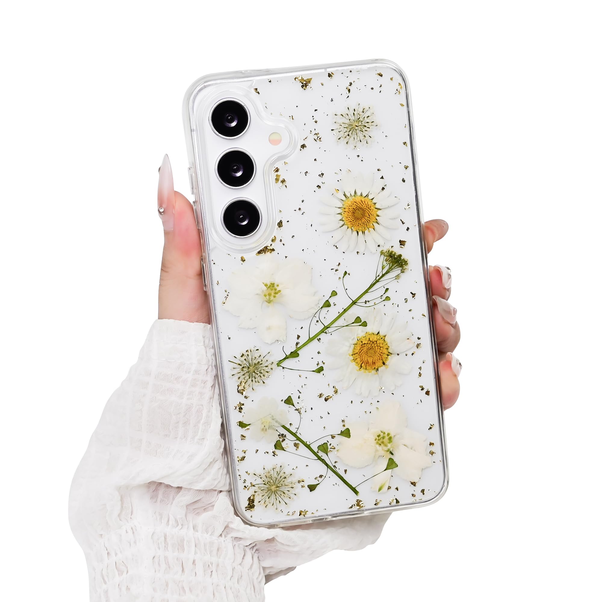 SleekCover Compatible with Samsung Galaxy S24 Case,Cute Kawii Pressed Dried Real Flower Glitter Clear Design Shockproof Hard TPU Protective Cover for Samsung S24 6.2",White Flower
