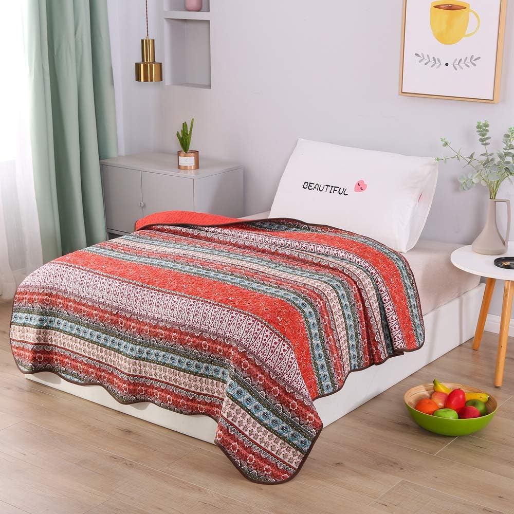 Warmcasa 100% Cotton Bedspread Bohemian Style Soft Warm Quilted Bedspread Living Room Bed Sheet Sofa Blanket 71" x 86" (Vintage 1, 180 * 220cm)