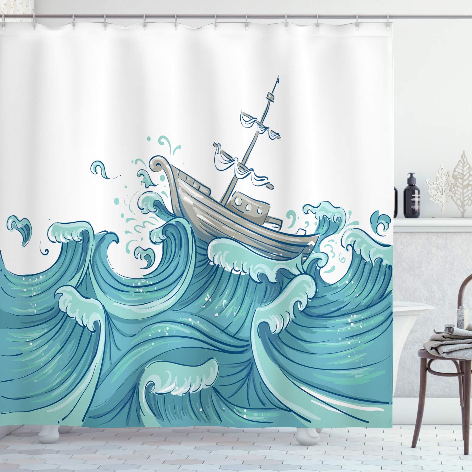 ABAKUHAUS Nautical Shower Curtain, Ship Being Tossed by Giant Ocean Waves Aquatic Old Vessel Sea Journey Illustration, Cloth Fabric Bathroom Decor Set with Hooks, 86 Inches Extra Long, Aqua Taupe