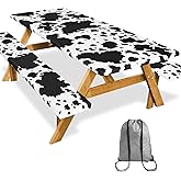 SiorVeol Picnic Table Cover with Bench Covers Camping Essentials Reusable Waterproof Windproof Camping Tablecloth Fitted Rectangle Tables and Seats, 72in, Black Cow Print