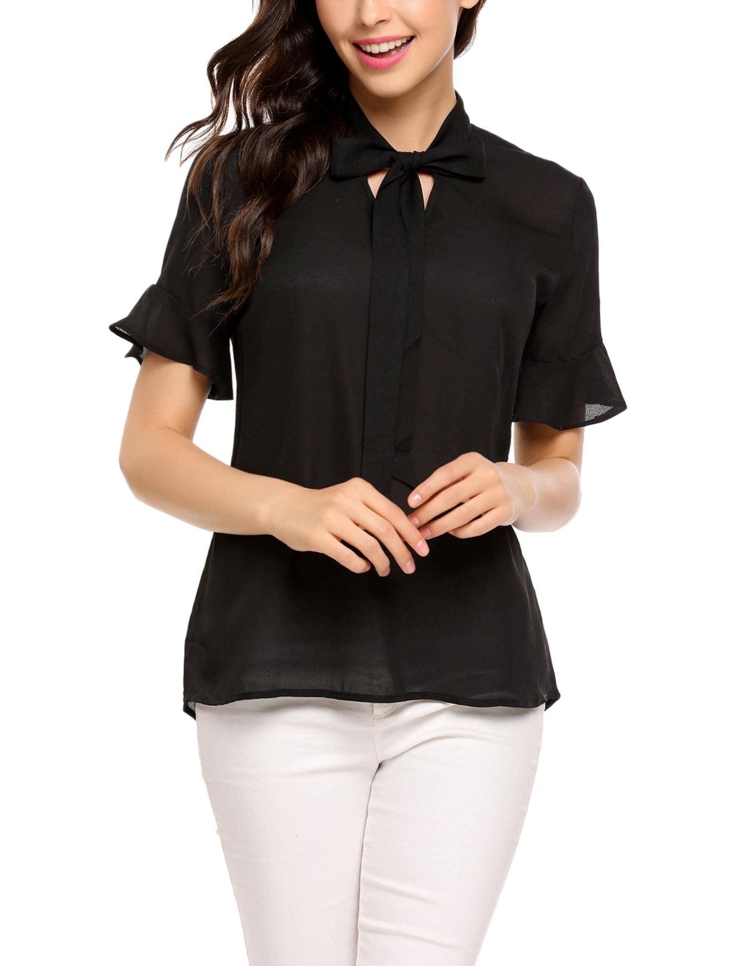 Women Elegant Chiffon Shirt Bow Tie Neck Elbow Sleeve Ruffle Solid Blouse Top Black/M
