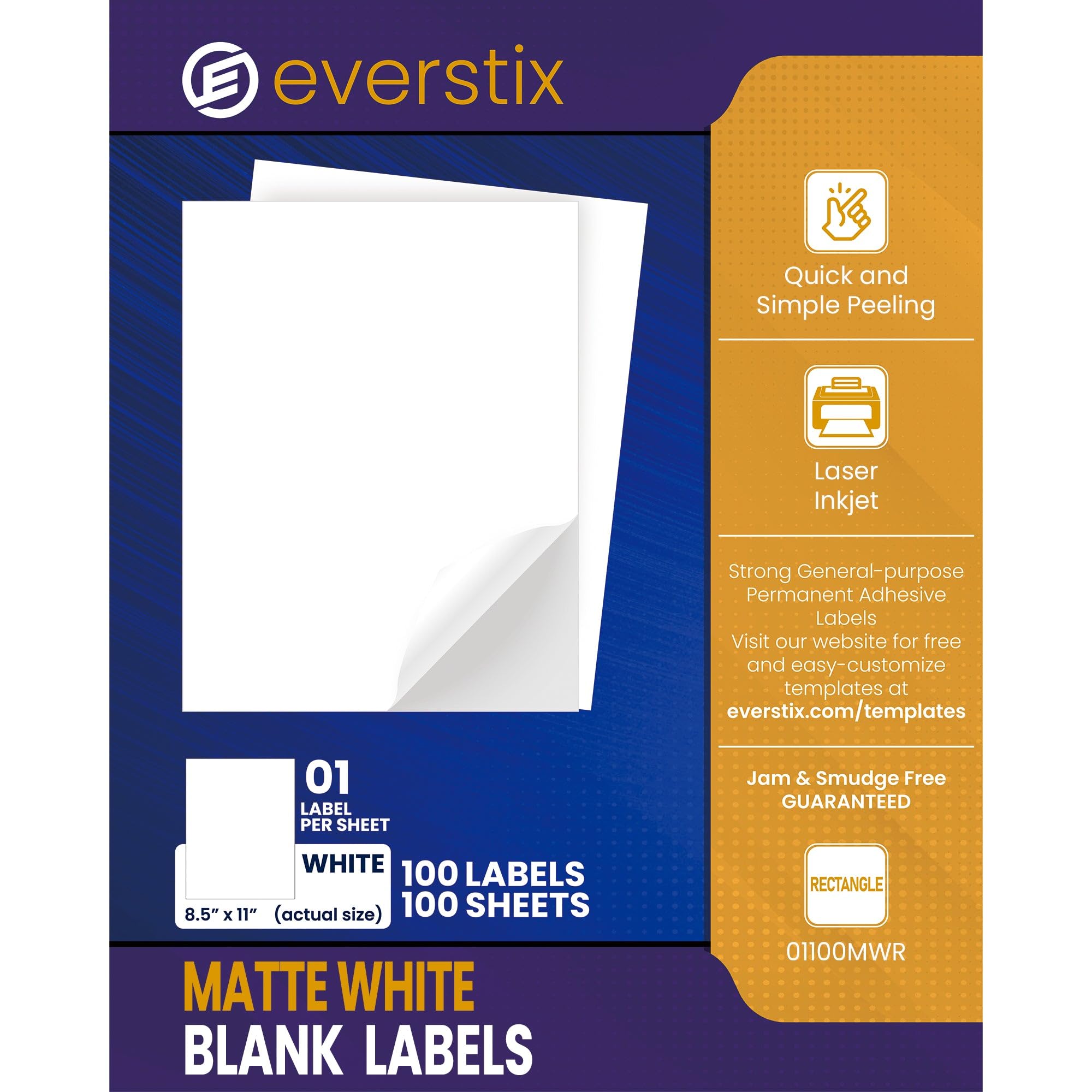 Photo 1 of Everstix 8.5" x 11", 100 Sheets, 100 Printable White Sticker Paper, Full Sheet Shipping Labels for Laser & Inkjet Printers, Letter Size