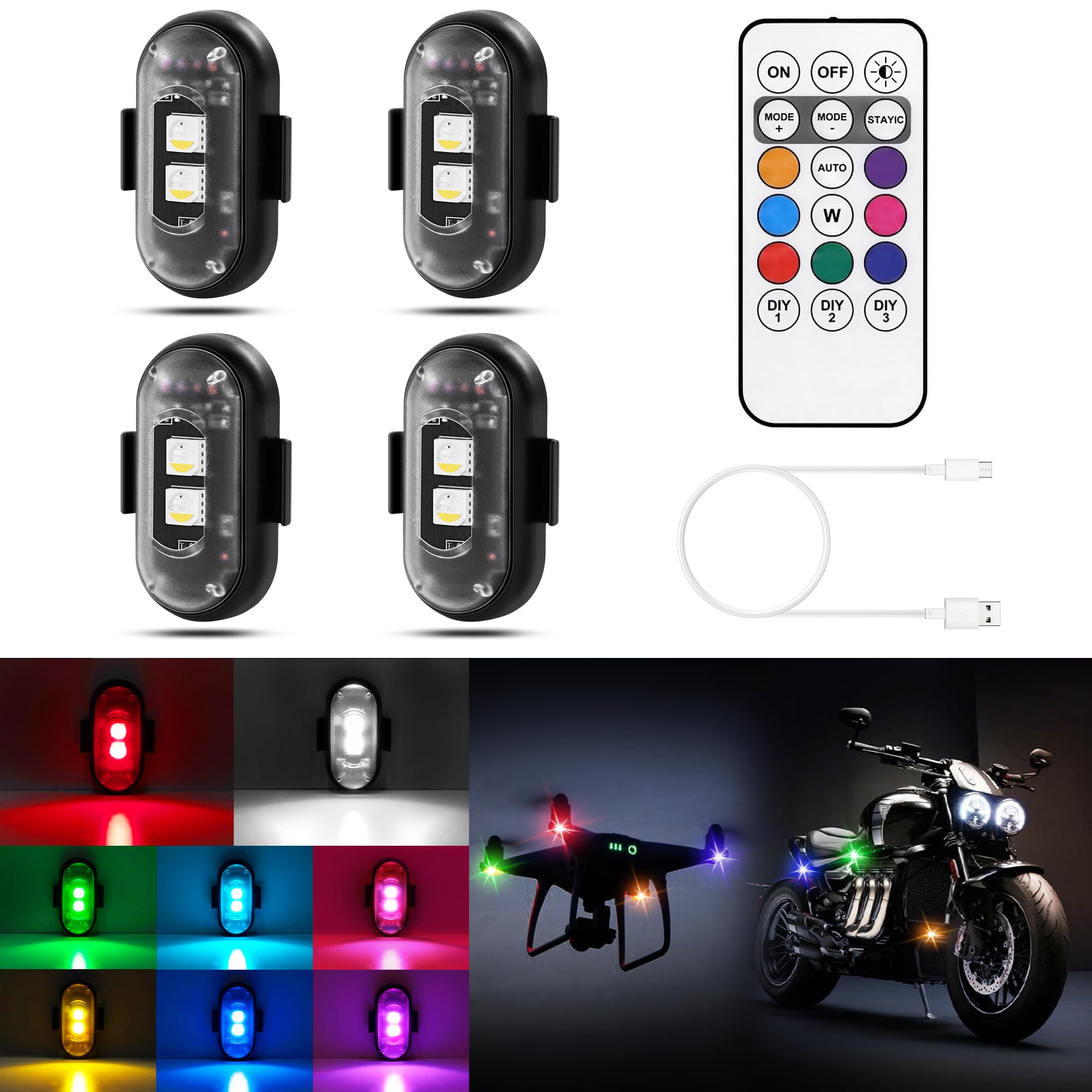 Photo 1 of Wireless LED Lights for Car 4PCS with Remote Control, Wireless LED Strobe Lights 8 Colors USB Charge IP65 Waterproof Anti-Collision for Car Motorcycle Drone RC Aircraft Bike, Black