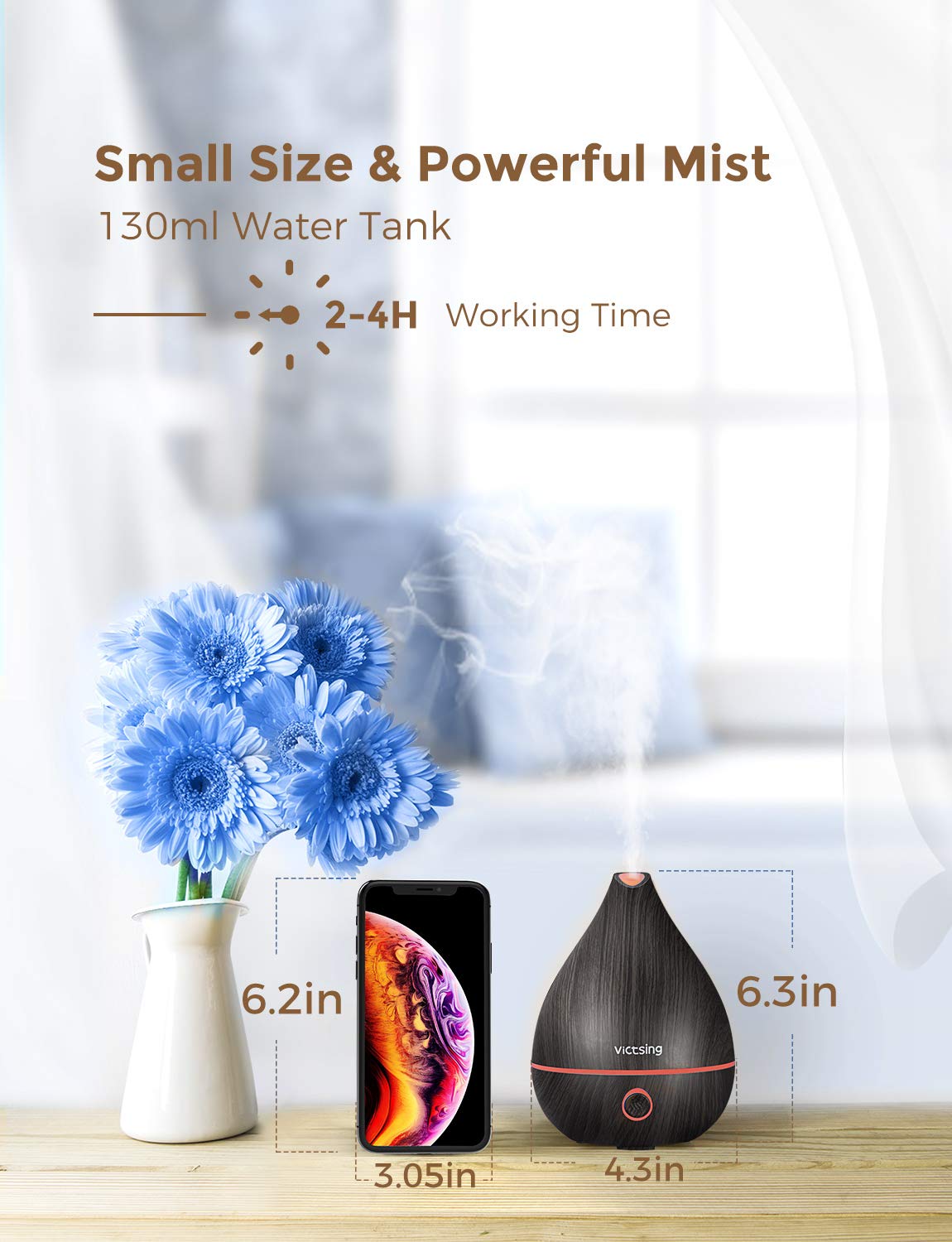 VicTsing Upgraded Mini Oil Diffuser 130ml, Easy to Use Super Quiet Essential Oil Diffuser, Aromatherapy Diffuser with Waterless Auto Shut-off, 8 Color LED Lights and BPA-free for Home Office(Black): Home & Kitchen