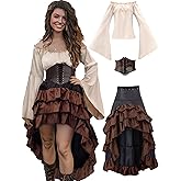 Verceco Pirate Costume Women Outfit with Renaissance Pirate Shirt Skirt Corset Waist Belt Womens Halloween Pirate Costumes (Beige+Brown, M)