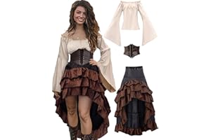 Verceco Pirate Costume Women Outfit with Renaissance Pirate Shirt Skirt Corset Waist Belt Womens Halloween Pirate Costumes (Beige+Brown, M)