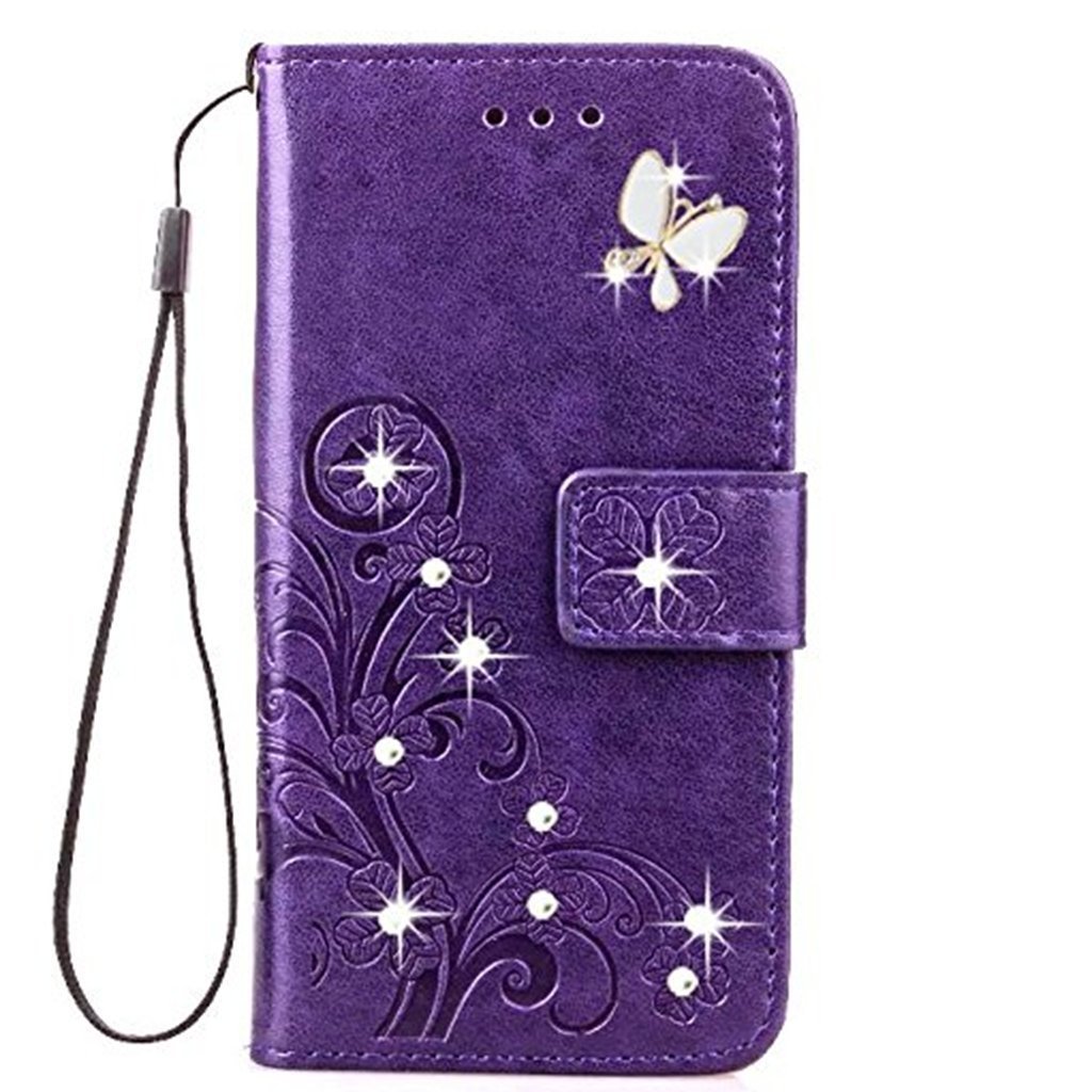 Huawei Y6 2019/Honor 8A Case [With Free Screen Protector],Fashion Handmade 3D Bling Diamond PU Leather Stand Flip Case Cover With Card Holder Folio Wallet Case for Huawei Y6 2019/Honor 8A (Purple)