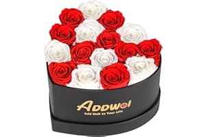 ADDWel Preserved Real Red and White Roses Bouquet for Her Anniversary, Birthday Flower Gifts for Women, 16-Pieces Eternal Roses That Lasts for 3 Years in Heart-Shape Box for Wife Girlfriend Mom