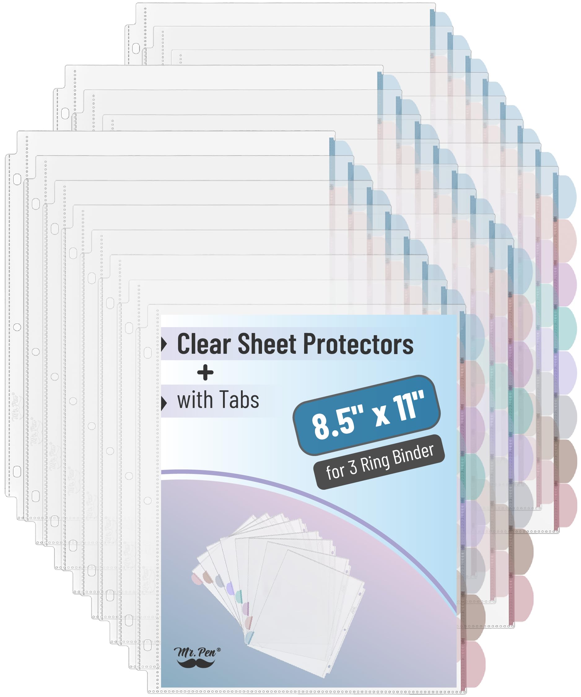 Mr. Pen- Clear Sheet Protectors with Tabs Bulk, 8 Tabs, 24 Sets, Clear Plastic Dividers for 3 Ring Binder, Insertable Index Page Divider Multicolor Tabs Image